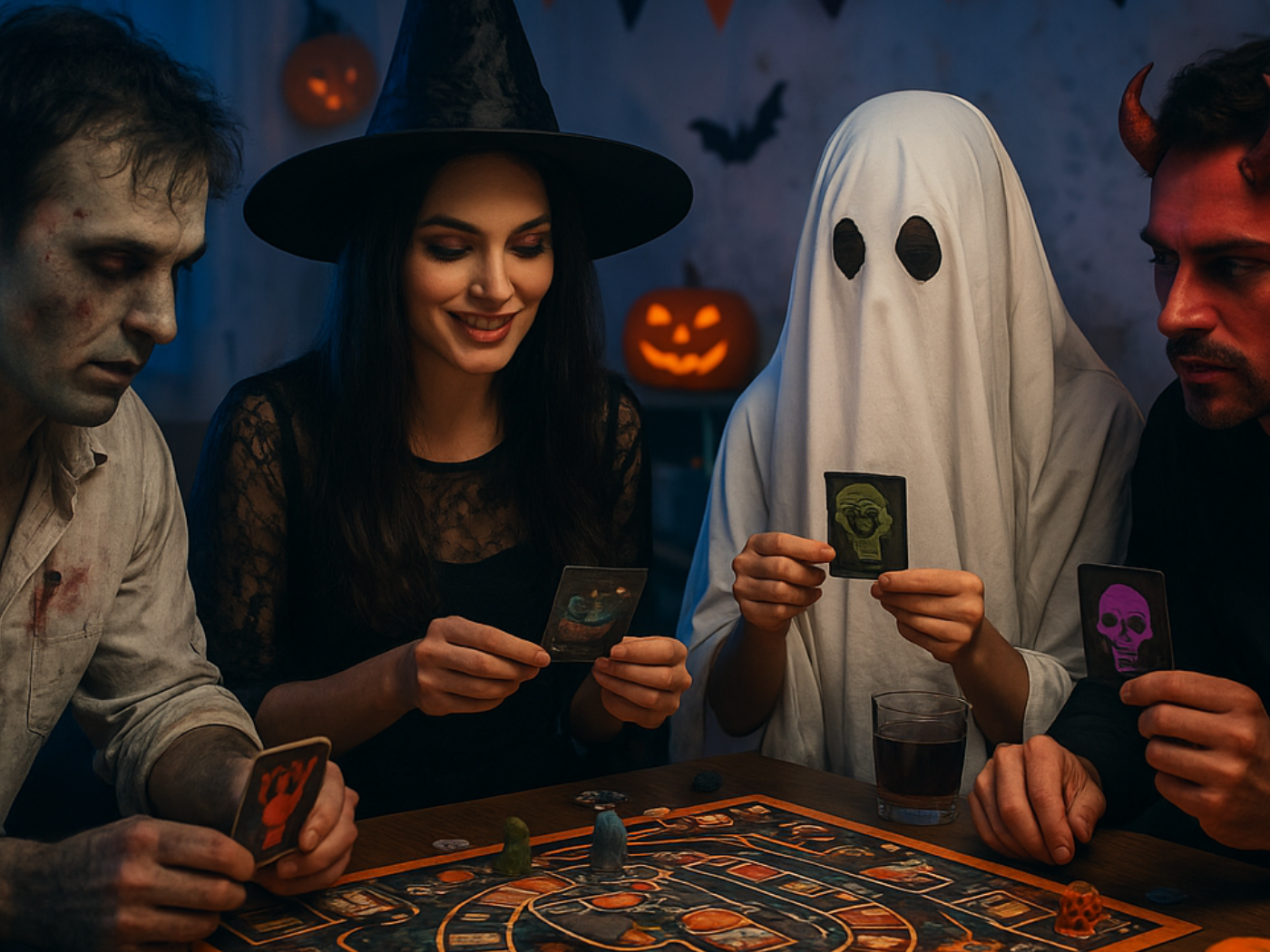 Des adultes déguisés jouant à un jeu de société dans une ambiance sombre et quelques chauve souris et citrouilles allumées à l'intérieur
